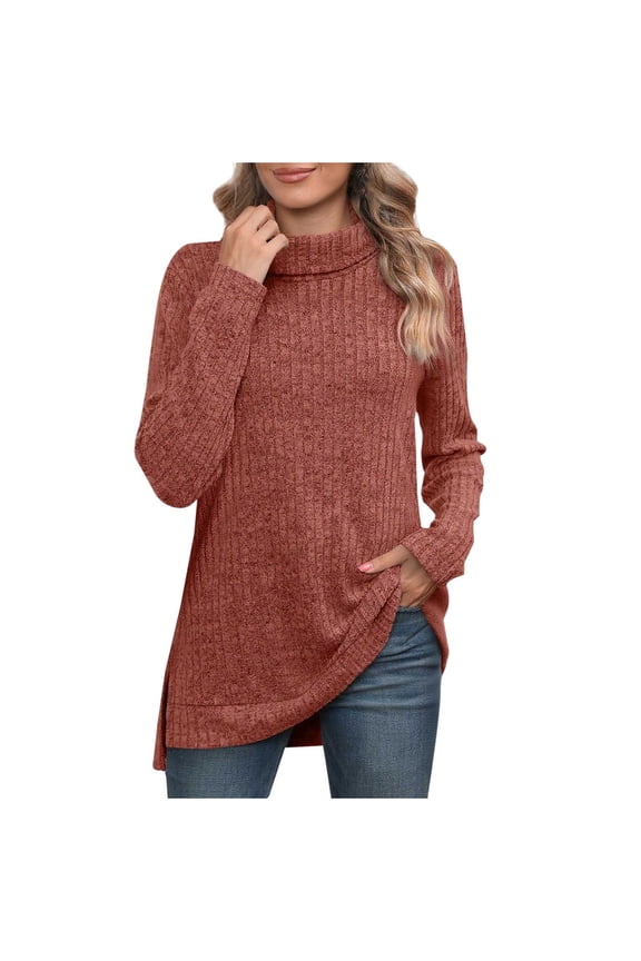 Women's Turtleneck Sweaters Long Sleeve Side Split High Low Hem Ribbed Knit Pullover Tops Soft Casual Tunic Sweaters(Wine,Small)