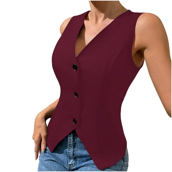 Ltctricy Women's Vest Tops Fashion V Neck Button down Solid Color Sleeveless Waistcoats Business Casual Tank Jackets