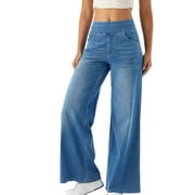 LTCTRICY Women's Wide Leg Jeans Baggy High Waisted Pull on Stretch Denim Pants Trendy Casual Trousers with Pockets