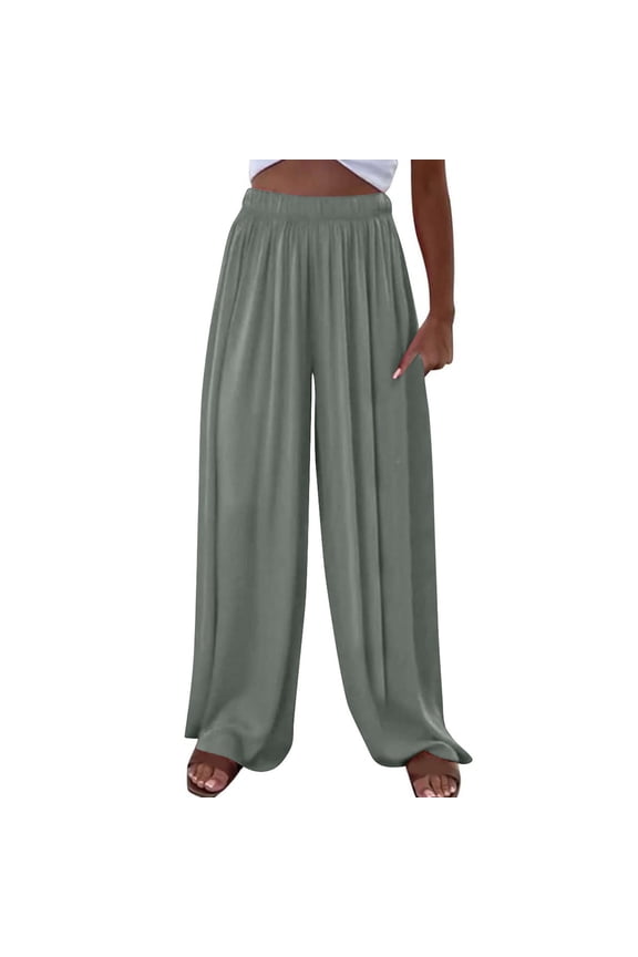 Women's Wide Leg Pants Elastic High Waisted Pull on Flowy Pleated Palazzo Pants Loose Fit Casual Trousers(Green,Medium)