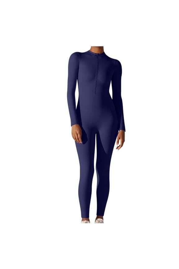Women's Workout Jumpsuit Seamless Skinny Long Sleeve Bodycon Casual Zipper Mock Neck Yoga Exercise Romper