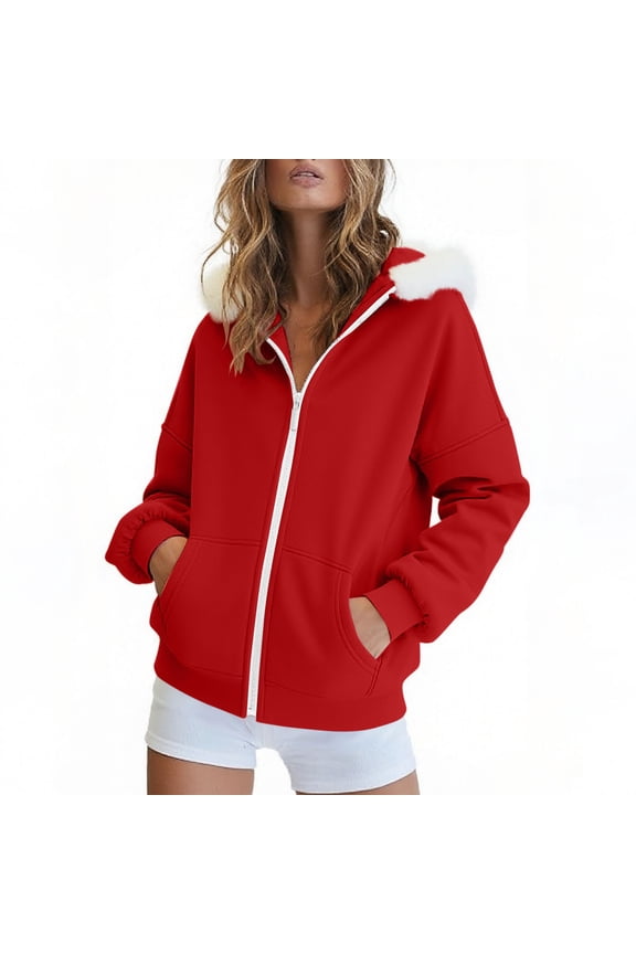 Women's Zip up Hoodies Long Sleeve Fleece Trim Hooded Sweatshirts Casual Outwear Jackets with Pockets(Red,Medium)