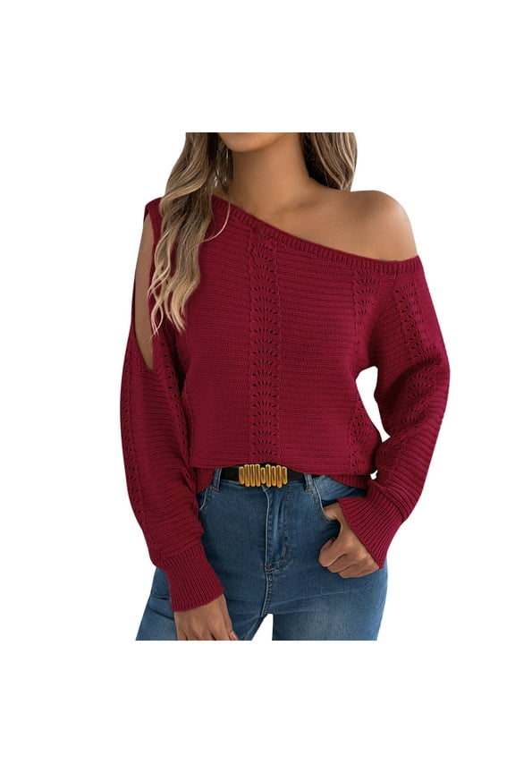 Women's off Shoulder Sweaters Long Sleeve Asymmetrical Neck Hollow out Crochet Knit Pullover Tops Going out Outfits(Wine,X-Large)