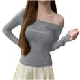 thumbnail image 1 of Ltctricy Women's off Shoulder Tops Asymmetrical Neck Long Sleeve Ruched Slim Shirts Trendy Tunic Blouses, 1 of 4