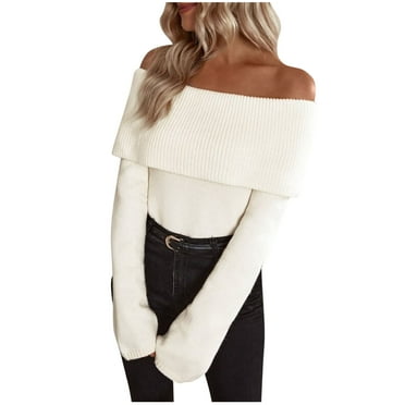 Ltctricy Women's off the Shoulder Sweaters Long Sleeve Foldover Slim Pullover Knit Tops Fall Winter Going out Outfits(White,X-Large)