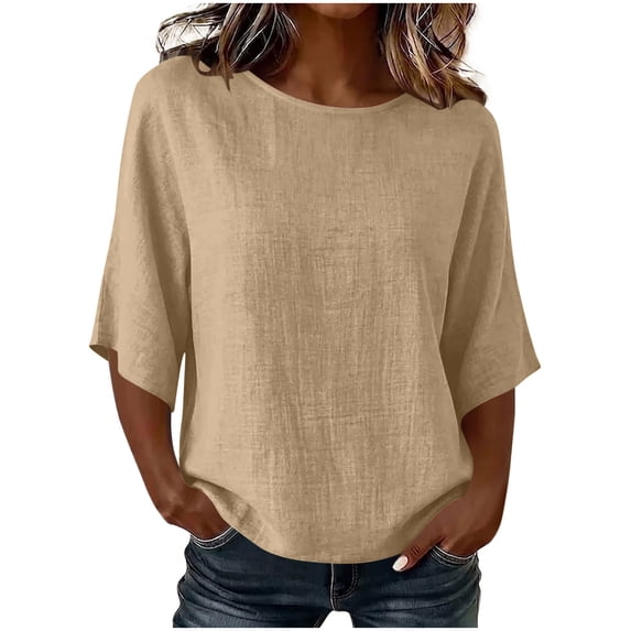 Ltctricy Womens Cotton Linen Tops Loose Fit 3/4 Sleeve Shirts Crew Neck Basic T Shirts Beach Vacation Clothes