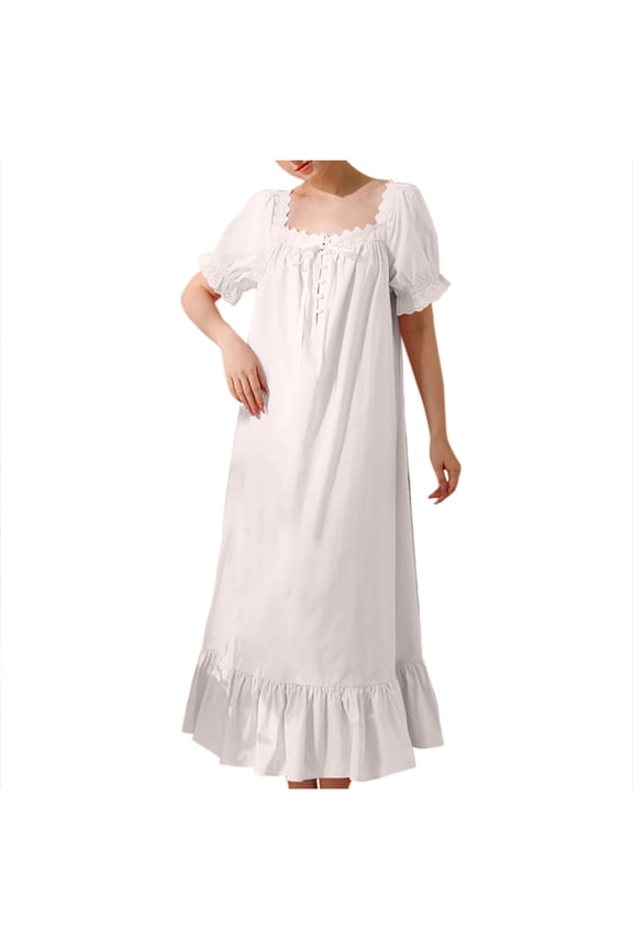Womens Cute Nightgown Elegant Puff Short Sleeve Ruffle House Dress Comfy Lounge Long Dress Soft Sleepshirts
