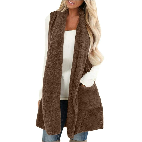 Ltctricy Womens Fleece Long Vest Warm Fuzzy Sleeveless Cardigan Casual Lapel Open Front Coat with Pockets