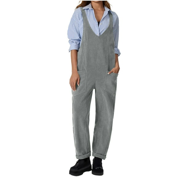 Ltctricy Womens Fleece Overalls Baggy Warm Wide Leg Jumpsuits Comfy Fuzzy Sleeveless Soft Rompers with Pocket