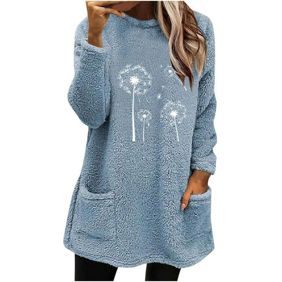 Ltctricy Womens Fleece Tops Winter Warm Fuzzy Soft Pullover Shirts Lounge Comfy Long Sleeve Tops with Pockets