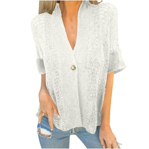 Ltctricy Womens Knitted Cardigan Fall Open Front Short Sleeve Button Tops Baggy Lightweight V Neck Outerwear