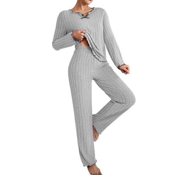 Ltctricy Womens Pajamas Set 2 Piece Slim Ribbed Long Sleeve Crewneck Tops and Wide Leg Pants Sleepwear Outfits Loungewear