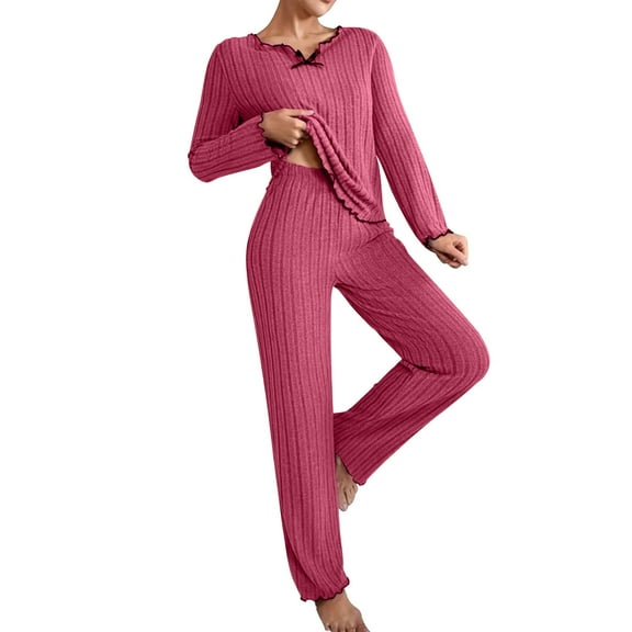 Ltctricy Womens Pajamas Set 2 Piece Slim Ribbed Long Sleeve Crewneck Tops and Wide Leg Pants Sleepwear Outfits Loungewear