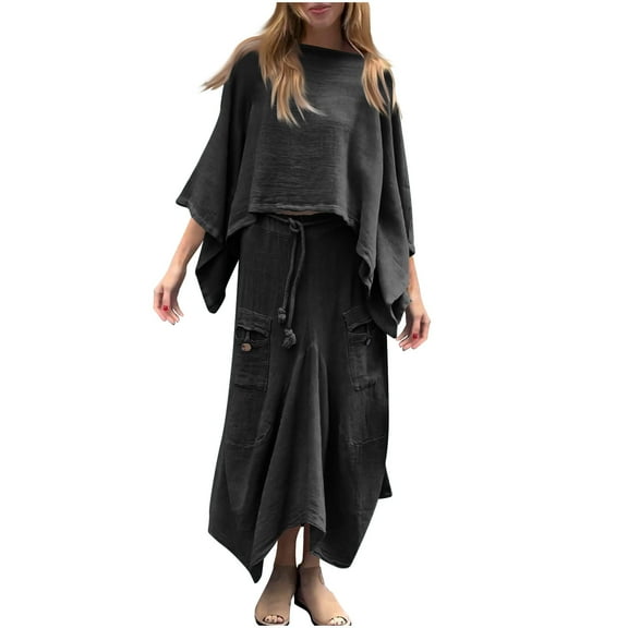 Ltctricy Womens Plus Size 2 Piece Sets Vintage Long Sleeve Tops and Midi Flowy Skirts Trendy Casual Loose Matching Outfits