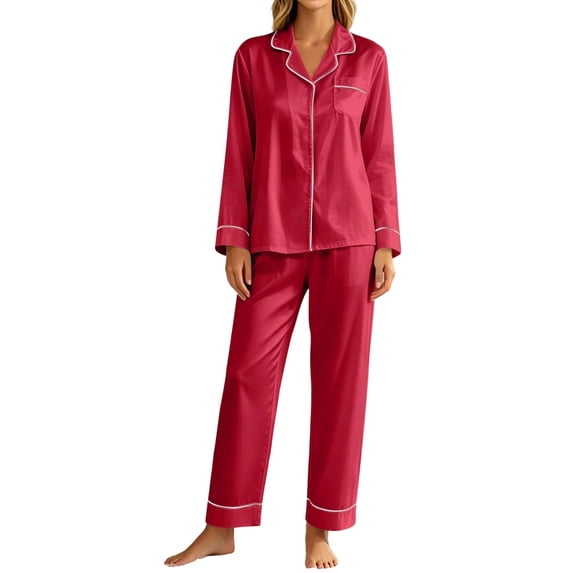 Ltctricy Womens Satin Pajama Sets Button Down 2 Piece Loungewear Long Sleeve Collared Pjs Sets Fall Comfy Sleepwear(Red,Small)