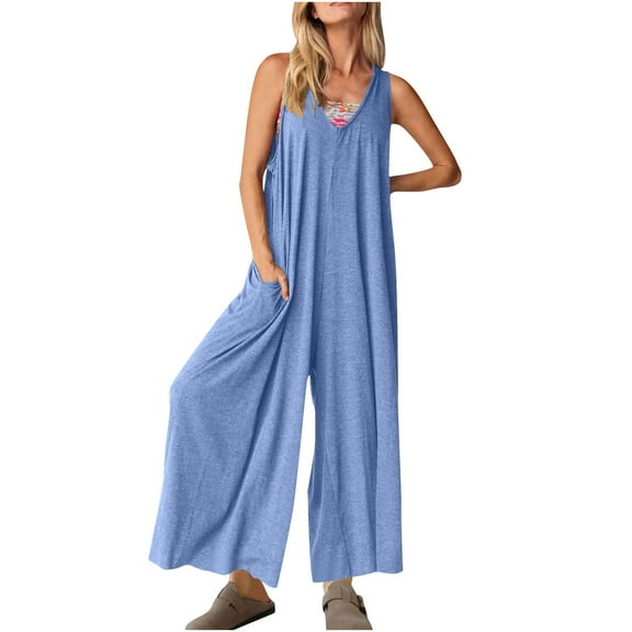 Ltctricy Womens Sleeveless Overalls Casual Loose Wide Leg Flowy Jumpsuits Lounge Lightweight Rompers with Pockets