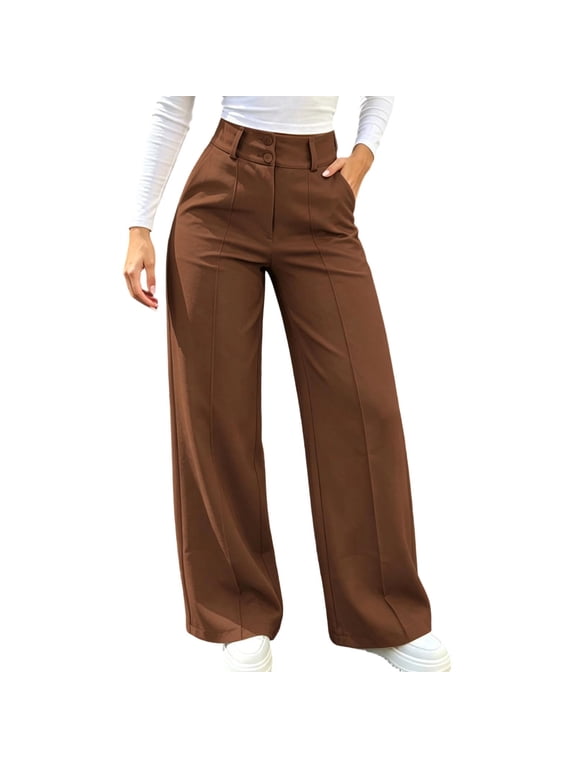 Womens Wide Leg Work Pants Casual Dress Pants Fall Plain High Waisted Pants for Business Office(Brown,XX-Large)