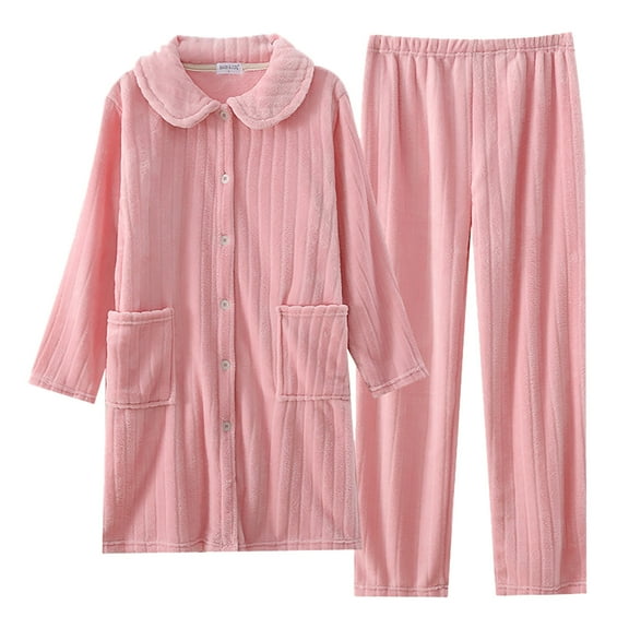 Ltctricy Womens Winter Pajama Sets 2 Piece Fuzzy Button Down Housecoat with Fluffy Pants Warm Plush Lounge Set Sleepwear