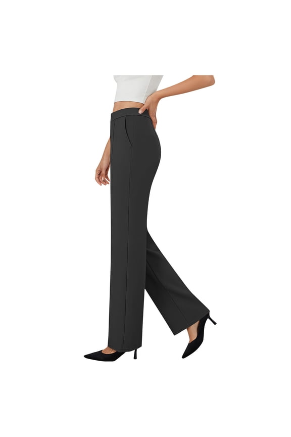 Work Pants for Women Loose High Waisted Pull on Pleated Straight Leg Dress Yoga Pants Business Casual Trousers with Pockets(Black,Medium)