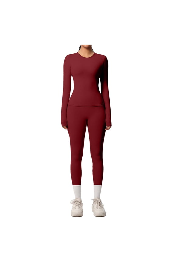 Workout Sets for Women Seamless Long Sleeve Crew Neck Slim T Shirts High Waisted Yoga Leggings 2 Piece Gym Athletic Sets(Red,Medium)