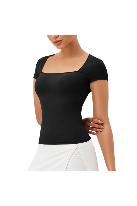 Workout Shirts for Women Square Neck Short Sleeve Slim Compression Crop Tops Athletic Yoga Tees