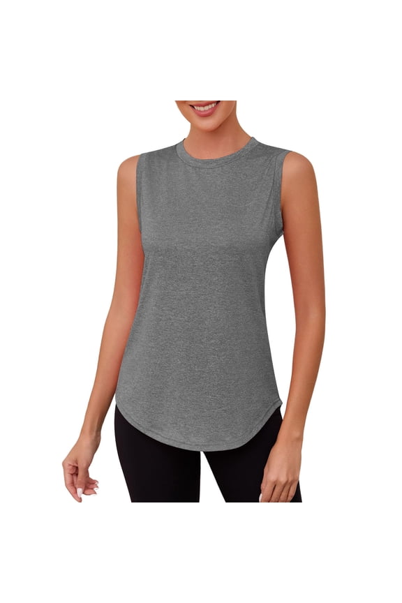 Workout Tank Tops for Women Crew Neck Split Back Curved Hem Sleeveless Gym Yoga Shirts Athletic Tunic Tee Blouses