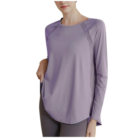 Ltctricy Workout Tops for Women Lightweight Long Sleeve Crew Neck Curved Hem Athletic T-Shirts Casual Loose Running Gym Tees(Purple,Small)