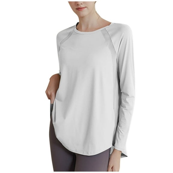 Ltctricy Workout Tops for Women Lightweight Long Sleeve Crew Neck Curved Hem Athletic T-Shirts Casual Loose Running Gym Tees(White,Medium)