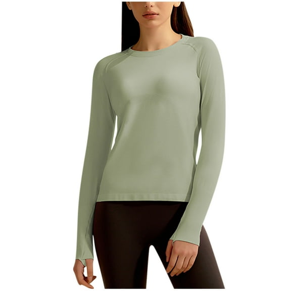 Ltctricy Workout Tops for Women Long Sleeve Crew Neck Slim Athletic T-Shirts Hiking Running Gym Tees with Thumb Holes(Green,Small)
