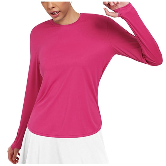 Ltctricy Workout Tops for Women Long Sleeve Crewneck Curved Hem Athletic T Shirts Running Yoga Tees with Thumb Holes(Hot Pink,Small)