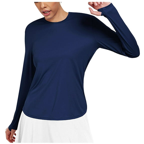 Ltctricy Workout Tops for Women Long Sleeve Crewneck Curved Hem Athletic T Shirts Running Yoga Tees with Thumb Holes(Navy,X-Large)