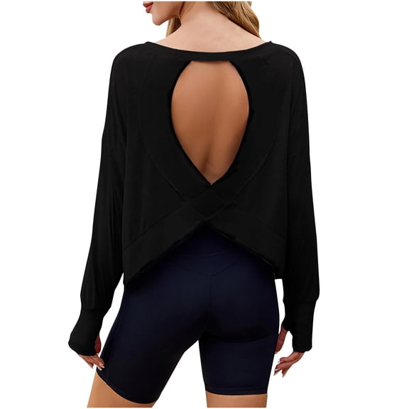 Ltctricy Workout Tops for Women Long Sleeve Open Back Crop Tops Casual Loose Athletic T-Shirts Gym Yoga Tees with Thumb Holes
