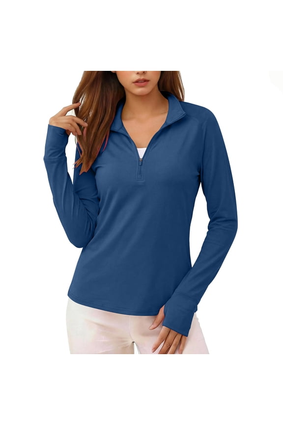 Workout Tops for Women Long Sleeve Quarter Zip Collared Sun Protection Athletic Shirts Running Hiking Tees with Thumb Holes