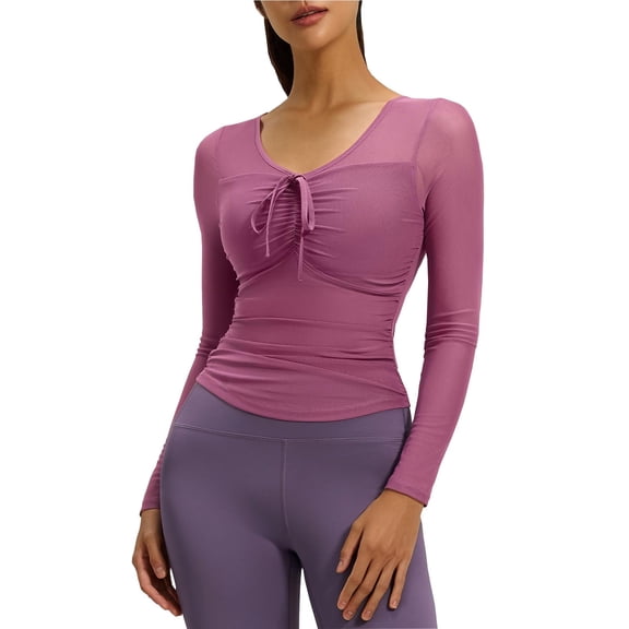 Ltctricy Workout Tops for Women Mesh V Neck Long Sleeve Curved Hem Ruched Slim T Shirts Athletic Crop Tops Gym Yoga Tees(Purple,X-Large)