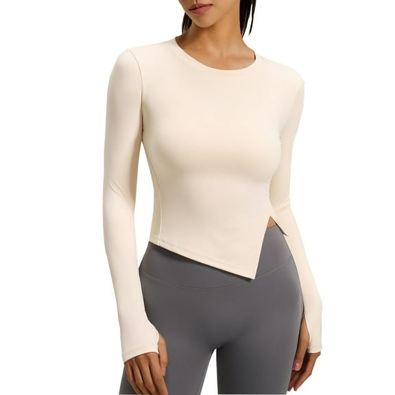 Ltctricy Workout Tops for Women Seamless Crew Neck Long Sleeve Asymmetrical Hem Slim Cropped T Shirts Athletic Yoga Tees(Beige,X-Large)