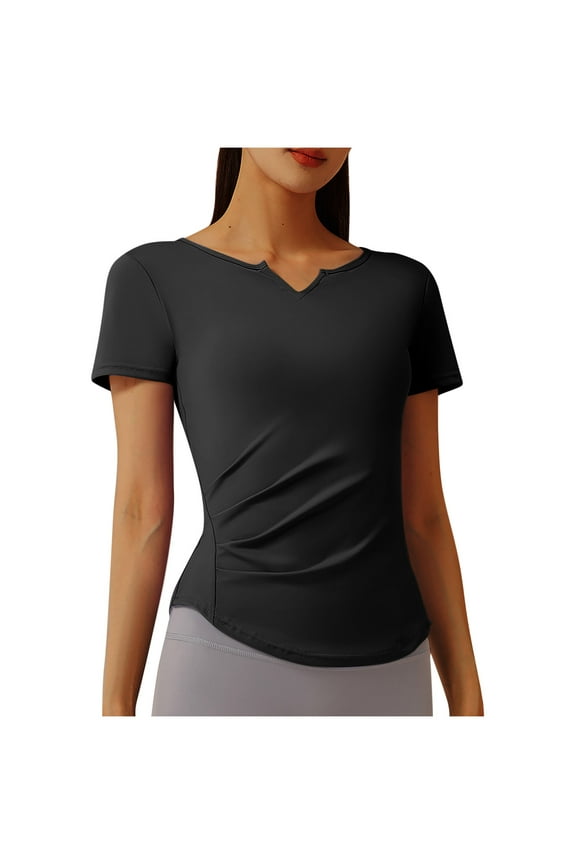 Workout Tops for Women Seamless Short Sleeve V Neck Ruched Slim Yoga T Shirts Athletic Gym Tees