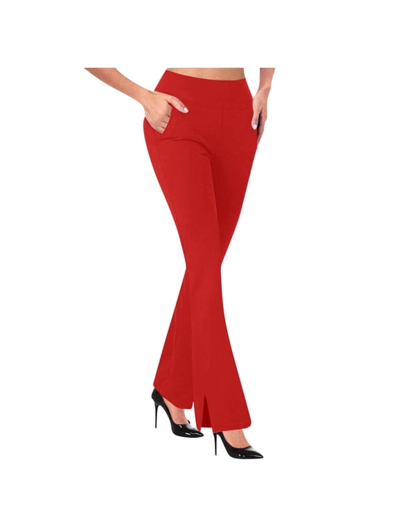 Yoga Pants for Women Business Casual High Waisted Pull on Split Hem Bell Bottom Dress Work Pants Workout Flare Leggings(Red,Large)