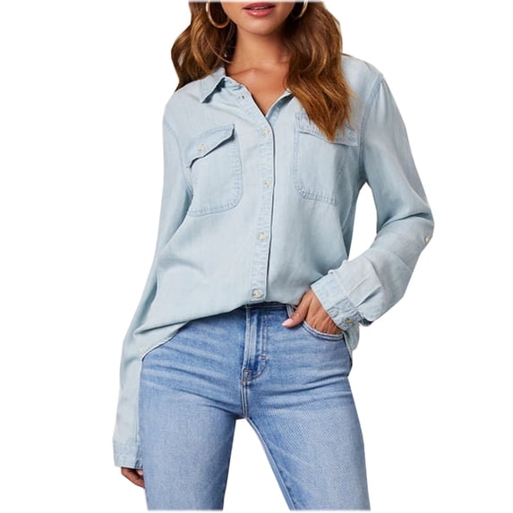 Ltctricy women's Denim Button Down Shirts casual Long Sleeve collared curved hem Lightweight Shackets loose tunic tops(Light Blue,Large)