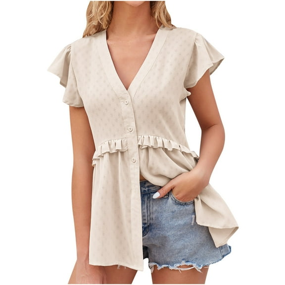 Ltctricy women's peplum tops ruffle short sleeve v neck eyelet embroidered Button Down shirts casual tunic blouses