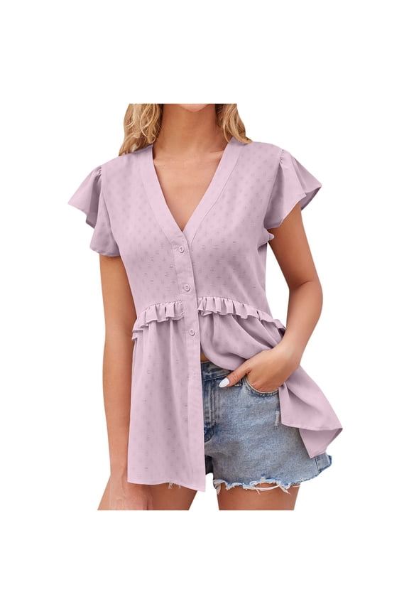 women's peplum tops ruffle short sleeve v neck eyelet embroidered Button Down shirts casual tunic blouses