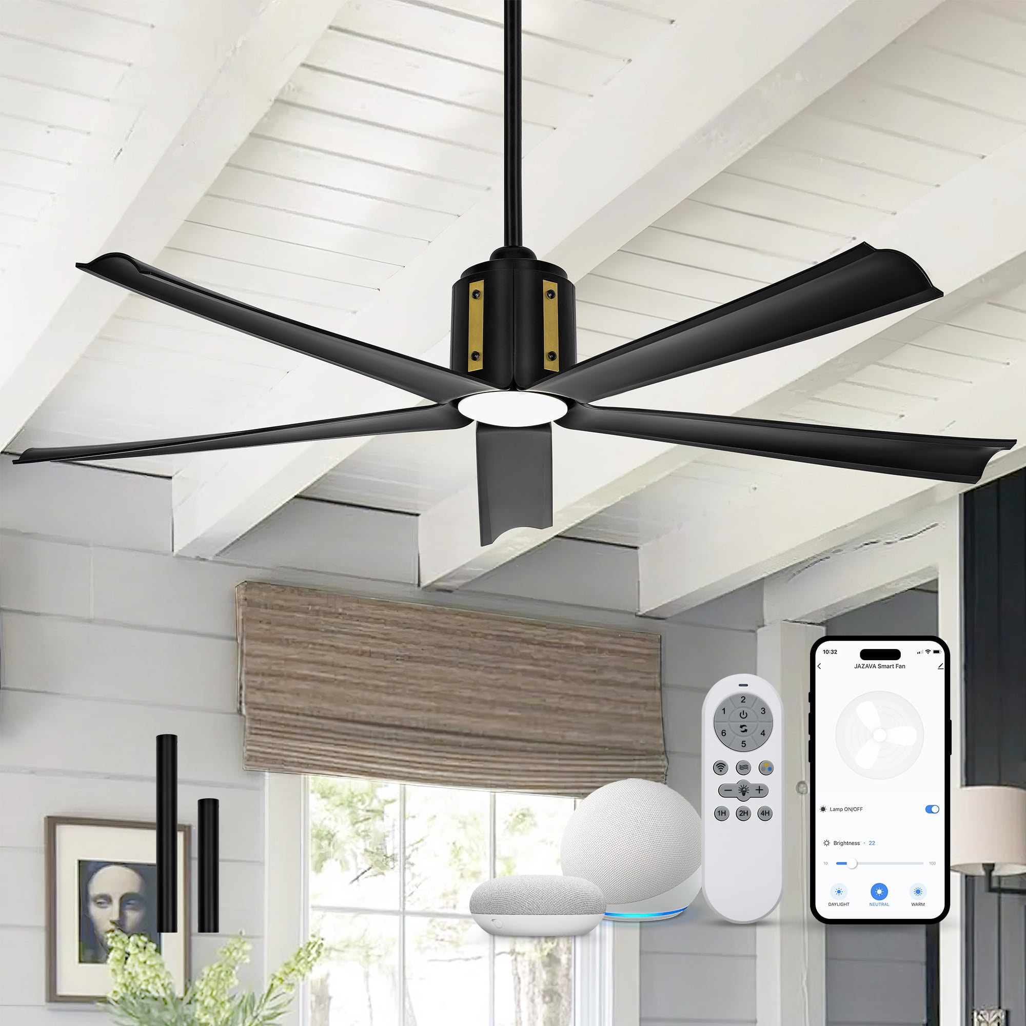 Ltmate 60 Inch Ceiling Fans with Lights and Remote, Black Ceiling Fans with Alexa Google Voice Control, 3 Color Temperatures and Quiet Reversible DC Motor