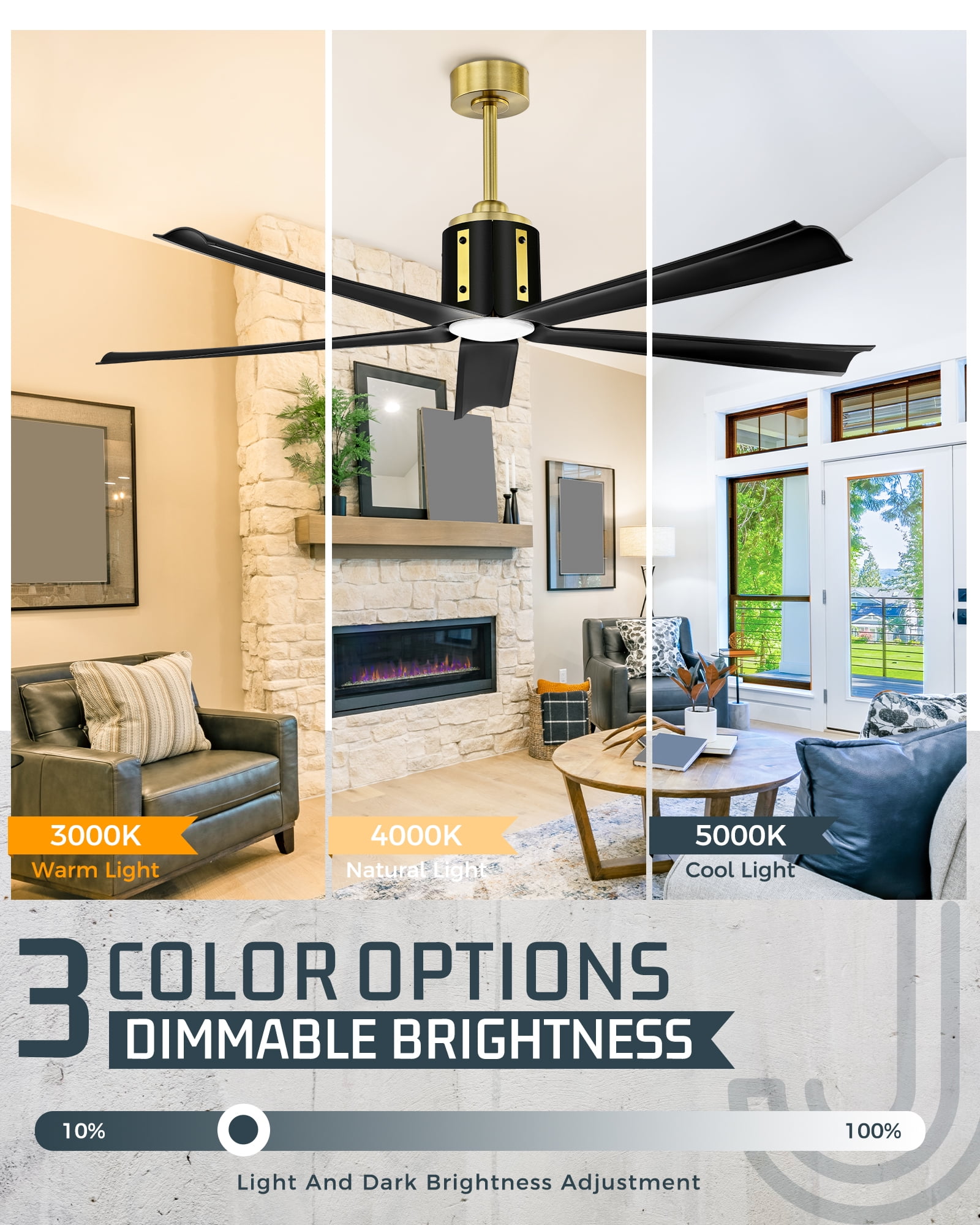 Ltmate 60 Inch Ceiling Fans with Lights and Remote, Black and Gold Ceiling Fans with Alexa Google Voice Control, 3 Color Temperatures and Quiet Reversible DC Motor