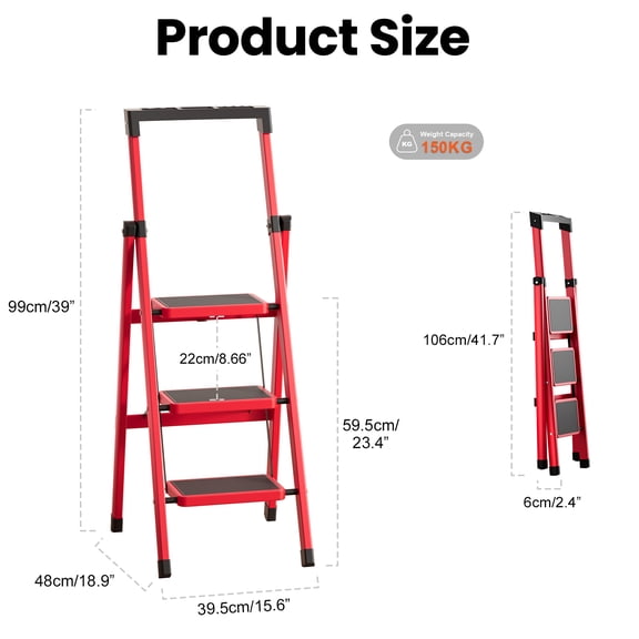 Ltoshu 3 Step Ladder - 330LBS Heavy Duty Steel Folding Stool with Tool Platform, Anti-Slip Pedals & Feet for Home/Office