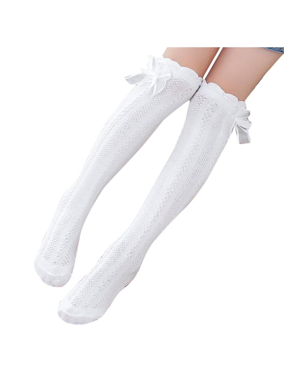 1 Pair Women Knee High Socks,Ruffled Bow Decor Hollow Knit Long Socks,Cute Vertical Stripe Over Calf Socks,Fashion Lolita Dress Socks for Daily Cosplay Party White One Size