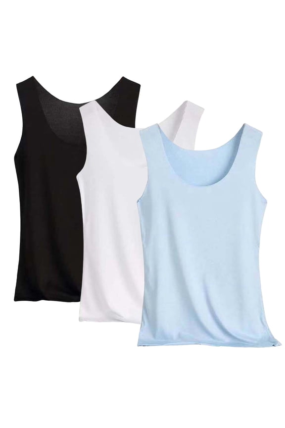 3 Pack Tank Tops for Women Seamless Camisole,Deep Scoop Neck Sleeveless Slim Fit Basic Undershirt,Summer Layering Workout Casual Layering Camis Blue L