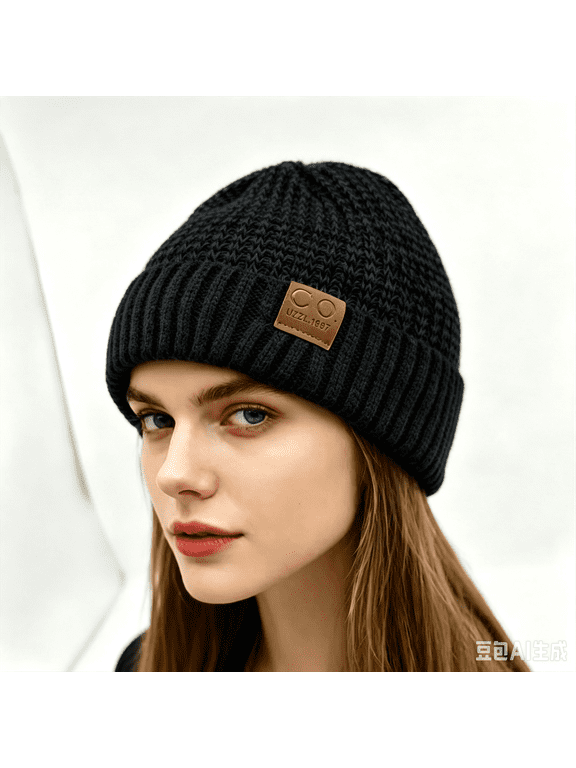 Beanie for Men Women Fleece Lined Knit Beanie Hat,Brimless Marled Color Block Ribbed Winter Cap,Warm Thick Thermal Cuffed Skull Cap for Men Women Cold Weather Outdoor Ski Black One Size