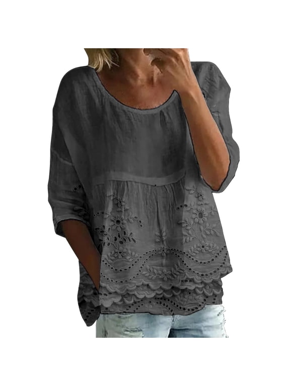 Boho Floral Tops Summer,Women's Eyelet Embroidered Linen Blouse, 3/4 Sleeve Round Neck Top, Loose Fit Floral Cutwork Tunic, Layered Lace Hem Shirt, Plus Size Cotton Linen Tee