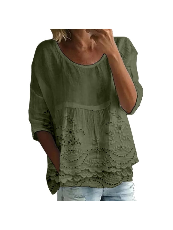 Boho Floral Tops Summer,Women's Eyelet Embroidered Linen Blouse, 3/4 Sleeve Round Neck Top, Loose Fit Floral Cutwork Tunic, Layered Lace Hem Shirt, Plus Size Cotton Linen Tee
