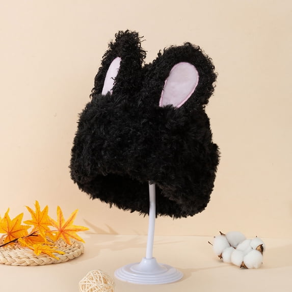 Ltpwer Bunny Ear Beanie Plush Fluffy Rabbit Winter Hat for Women, Cute Y2K Skull Cap Warm Stylish Cold Weather Cap Stretchy Skin‑Friendly Casual Headwear for Weekend Outings Black One Size