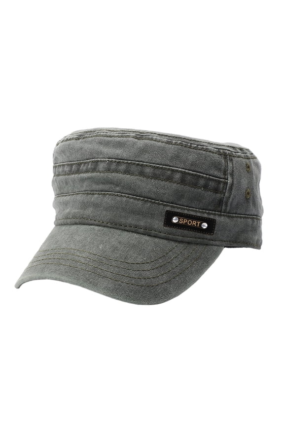 Cadet Hat for Men ,Army Military Cap,Cotton Flat Top Hat,Washed Vintage Cap with Sport Label,Adjustable Back Strap for Casual Commutes,Outdoor Work & Retro Streetwear
